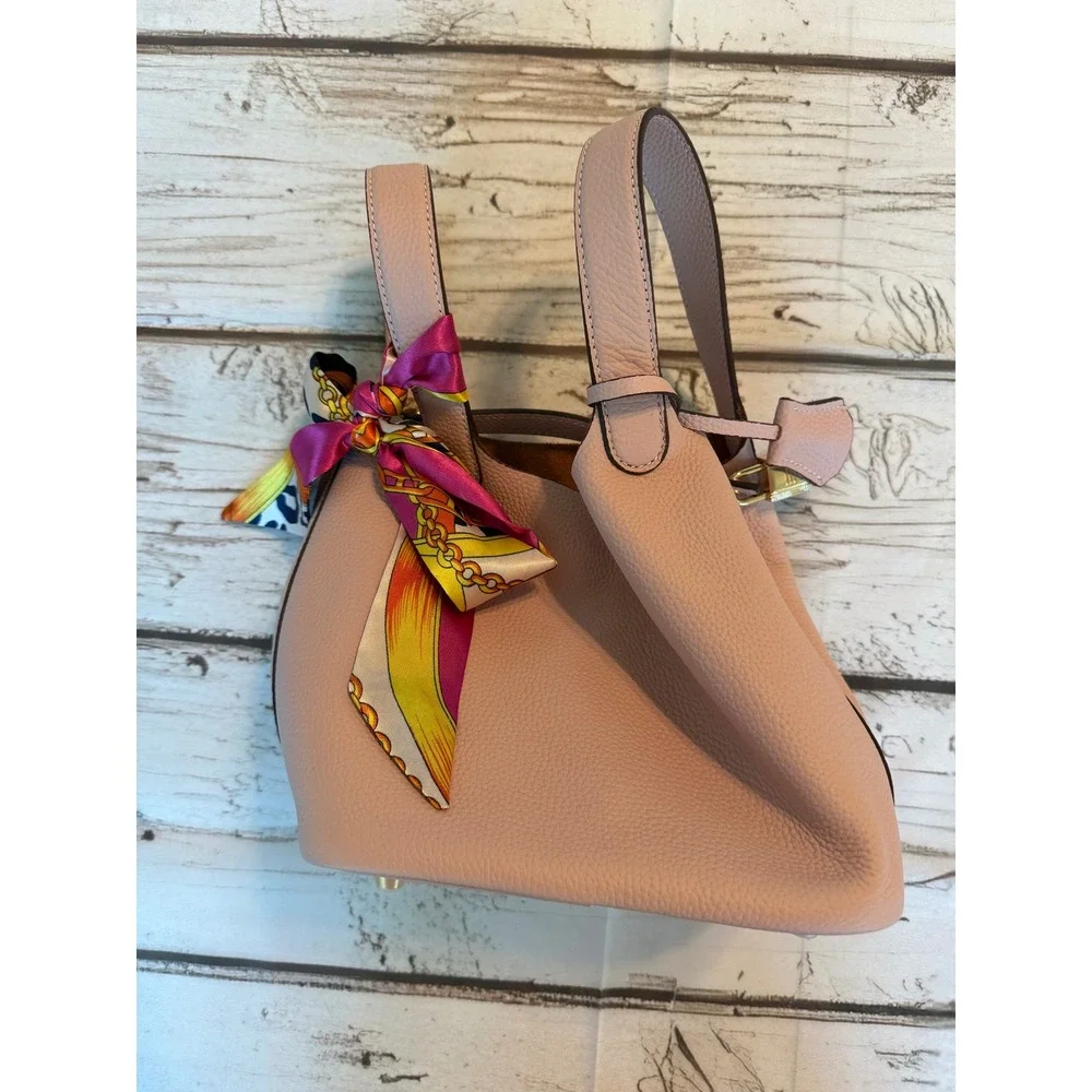Blush Pink Pebbled Leather Bucket Bag with Scarf and Charms Gold Hardware